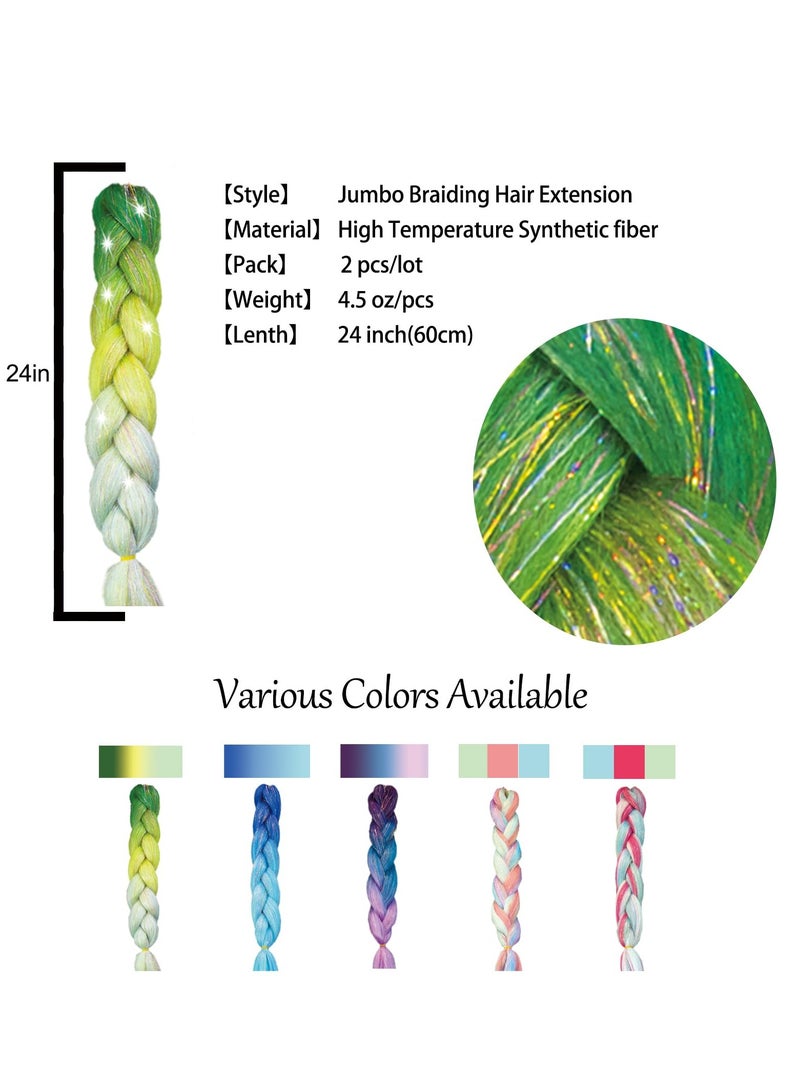 Excefore 24 Inch Multi-Colored Braiding Hair Extensions with Sparkly Tinsel, Durable Synthetic Hair for Women and Girls - 3 Tone Box Braids Twist (2 Pcs, Green - Blue Gradient) - Image 3