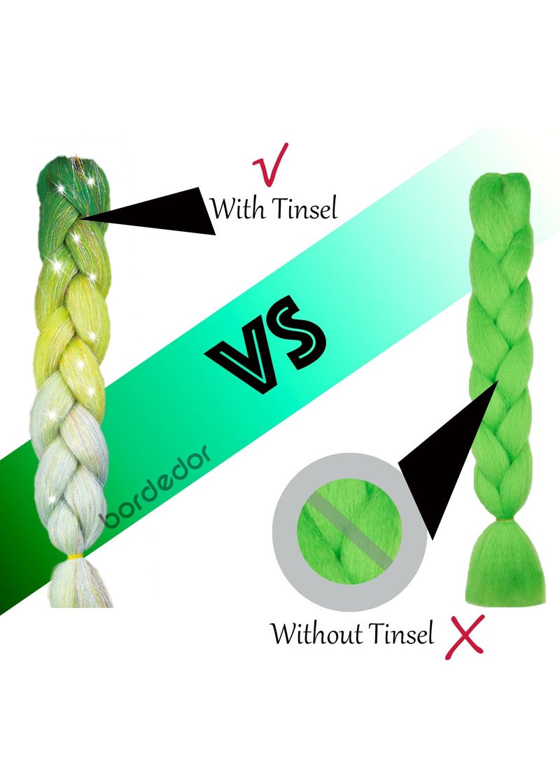 Excefore 24 Inch Multi-Colored Braiding Hair Extensions with Sparkly Tinsel, Durable Synthetic Hair for Women and Girls - 3 Tone Box Braids Twist (2 Pcs, Green - Blue Gradient) - Image 4