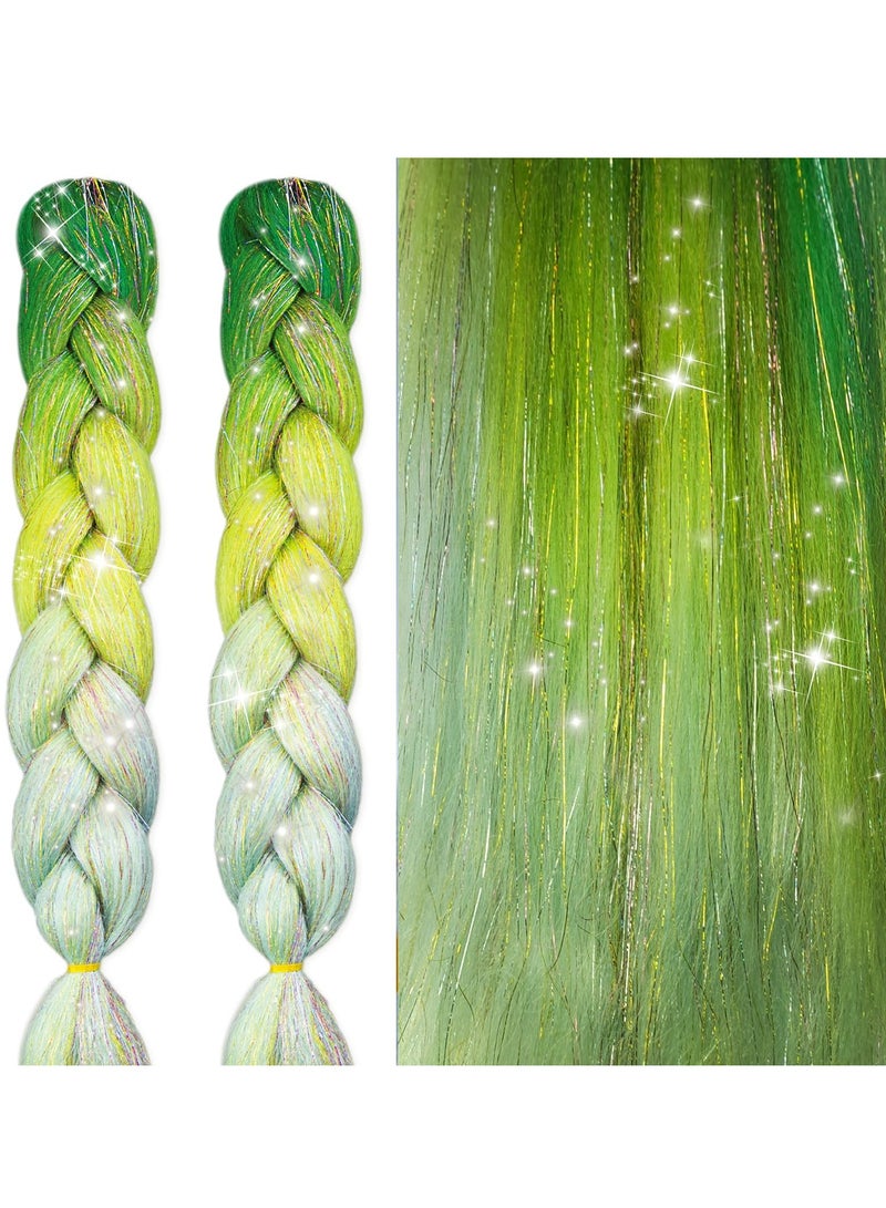 Excefore 24 Inch Multi-Colored Braiding Hair Extensions with Sparkly Tinsel, Durable Synthetic Hair for Women and Girls - 3 Tone Box Braids Twist (2 Pcs, Green - Blue Gradient) - Image 2
