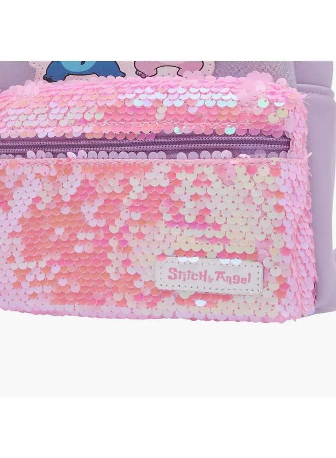Disney Girls Stitch and Angel Sequin Embellished Backpack with Adjustable Shoulder Straps and Zip Closure