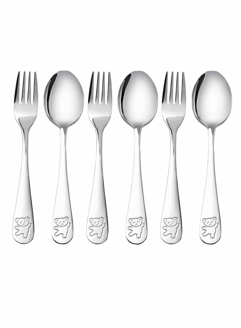 Captaintech 6 Pieces Kids Silverware Stainless Steel Children's Safe Flatware Little Bear Child Spoon and Fork Set Toddler Utensils Metal Cutlery Set,3 x Safe Forks,3 x Children Tablespoons - Image 1