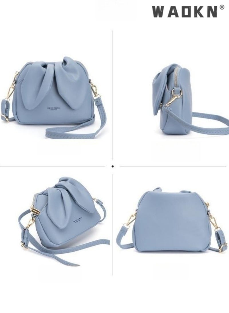 WAOKN Girls' Mini Bunny Ears Shoulder Bag, Women's Bucket Bag Small Bag, PU Leather Crossbody Bag Sling Bag Side Bag Carry Bag,Cute Shape Zipper PU Messenger Bags, Bunny Crossbody Bag(Blue) - Image 2