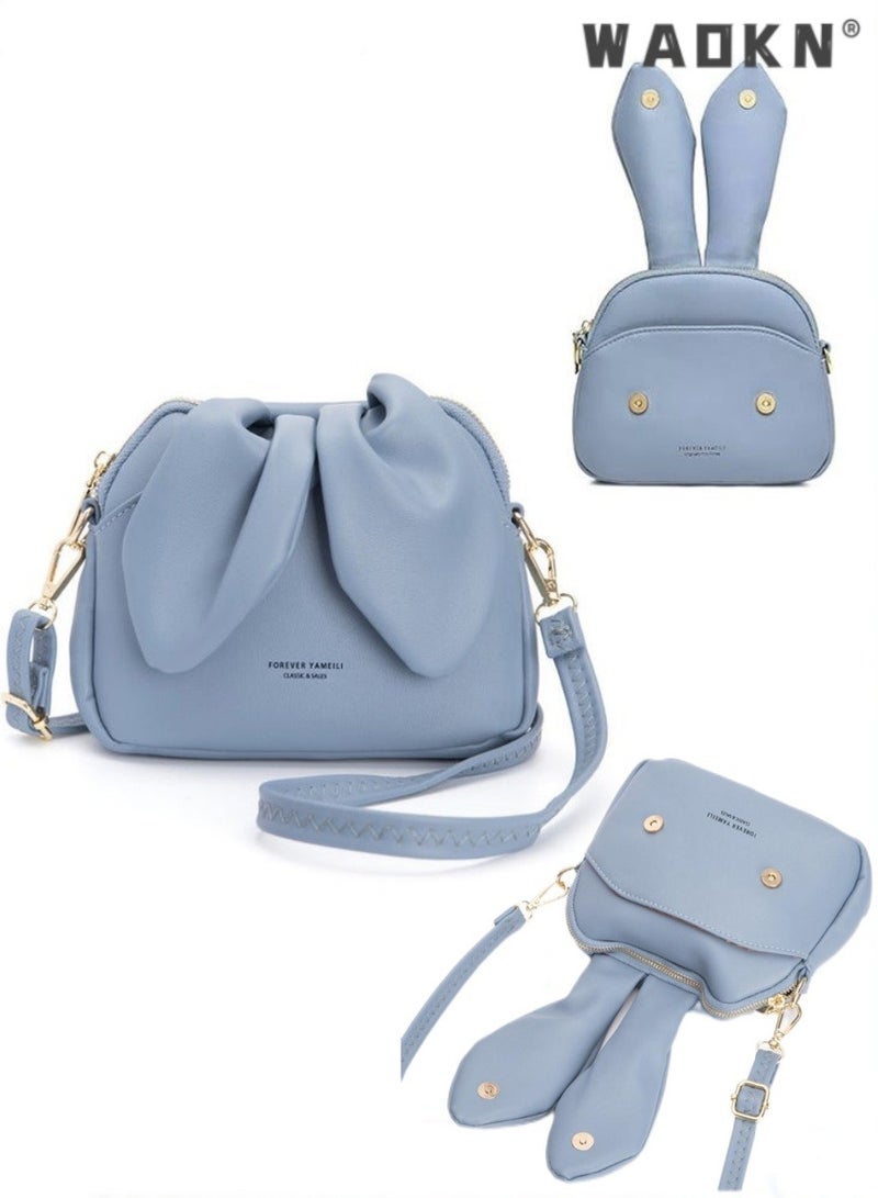 WAOKN Girls' Mini Bunny Ears Shoulder Bag, Women's Bucket Bag Small Bag, PU Leather Crossbody Bag Sling Bag Side Bag Carry Bag,Cute Shape Zipper PU Messenger Bags, Bunny Crossbody Bag(Blue) - Image 1