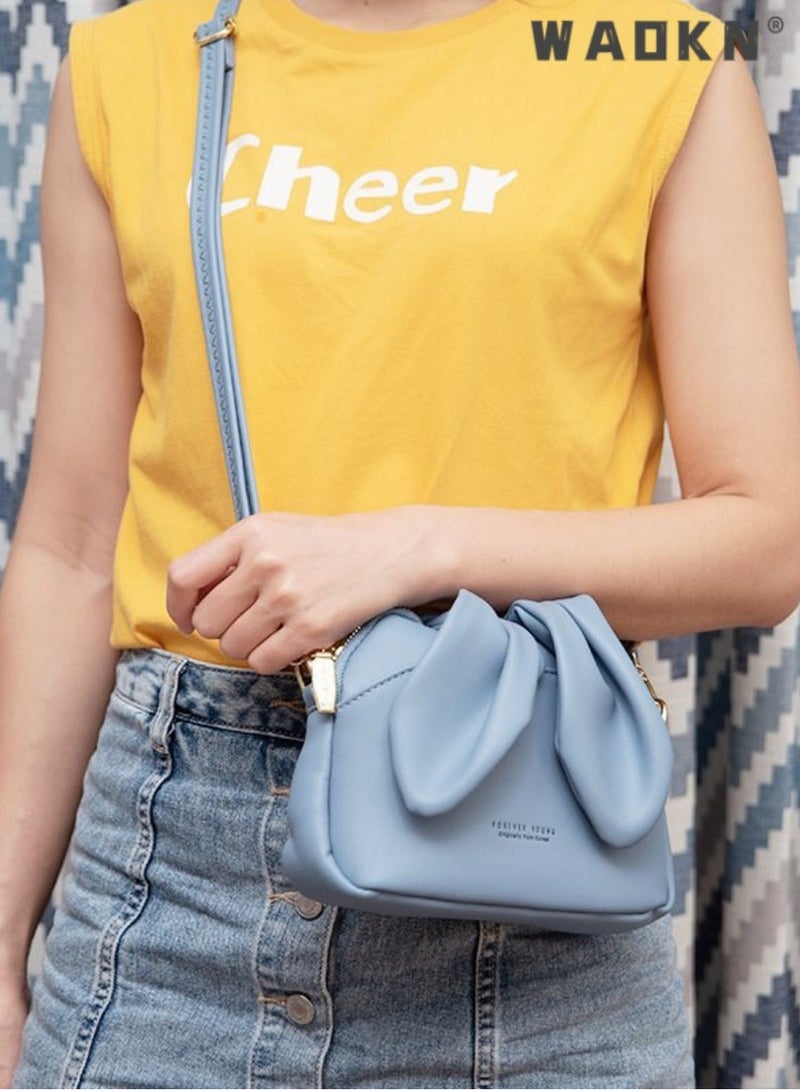 WAOKN Girls' Mini Bunny Ears Shoulder Bag, Women's Bucket Bag Small Bag, PU Leather Crossbody Bag Sling Bag Side Bag Carry Bag,Cute Shape Zipper PU Messenger Bags, Bunny Crossbody Bag(Blue) - Image 3