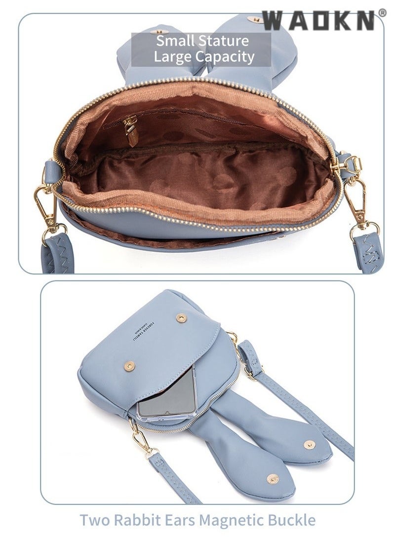 WAOKN Girls' Mini Bunny Ears Shoulder Bag, Women's Bucket Bag Small Bag, PU Leather Crossbody Bag Sling Bag Side Bag Carry Bag,Cute Shape Zipper PU Messenger Bags, Bunny Crossbody Bag(Blue) - Image 5