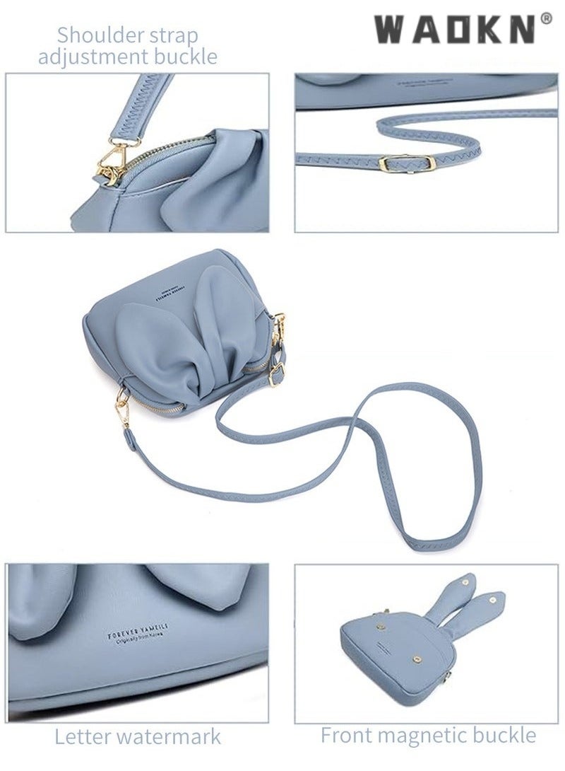 WAOKN Girls' Mini Bunny Ears Shoulder Bag, Women's Bucket Bag Small Bag, PU Leather Crossbody Bag Sling Bag Side Bag Carry Bag,Cute Shape Zipper PU Messenger Bags, Bunny Crossbody Bag(Blue) - Image 4
