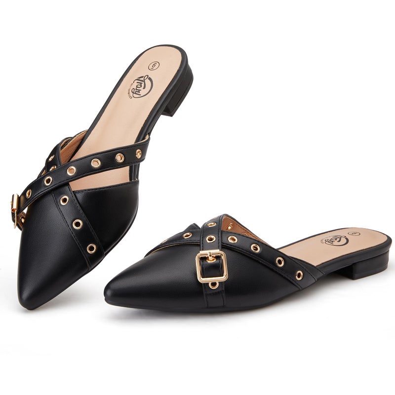 Trary Mules for Women,Comfortable Pointed Toe Flats,Backless Loafers Slip-Ons Women's Clogs,Business Casual Fall Winter Shoes Women Dressy Black - Image 1