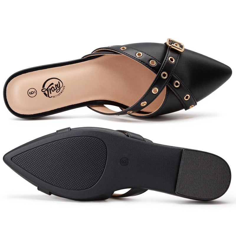 Trary Mules for Women,Comfortable Pointed Toe Flats,Backless Loafers Slip-Ons Women's Clogs,Business Casual Fall Winter Shoes Women Dressy Black - Image 3