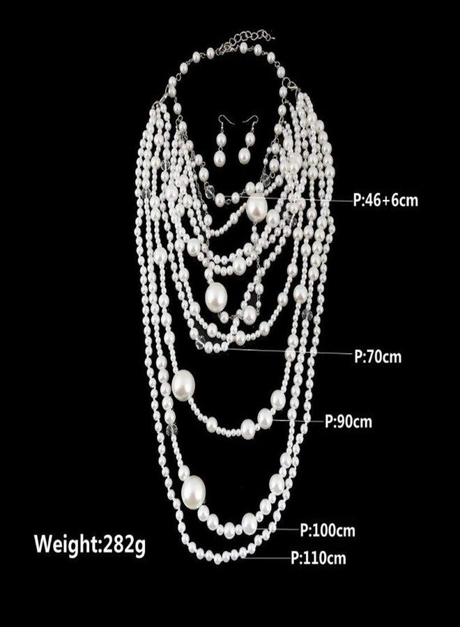 جريس جون قلادة طويلة من سلسلة متعددة الطبقات من اللؤلؤ الصناعي من GRACE JUN (قلادة فضية بيضاء + أقراط مثقوبة) - Image 4