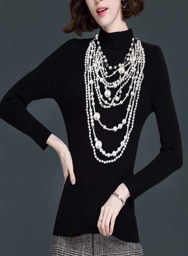 جريس جون قلادة طويلة من سلسلة متعددة الطبقات من اللؤلؤ الصناعي من GRACE JUN (قلادة فضية بيضاء + أقراط مثقوبة) - Image 3