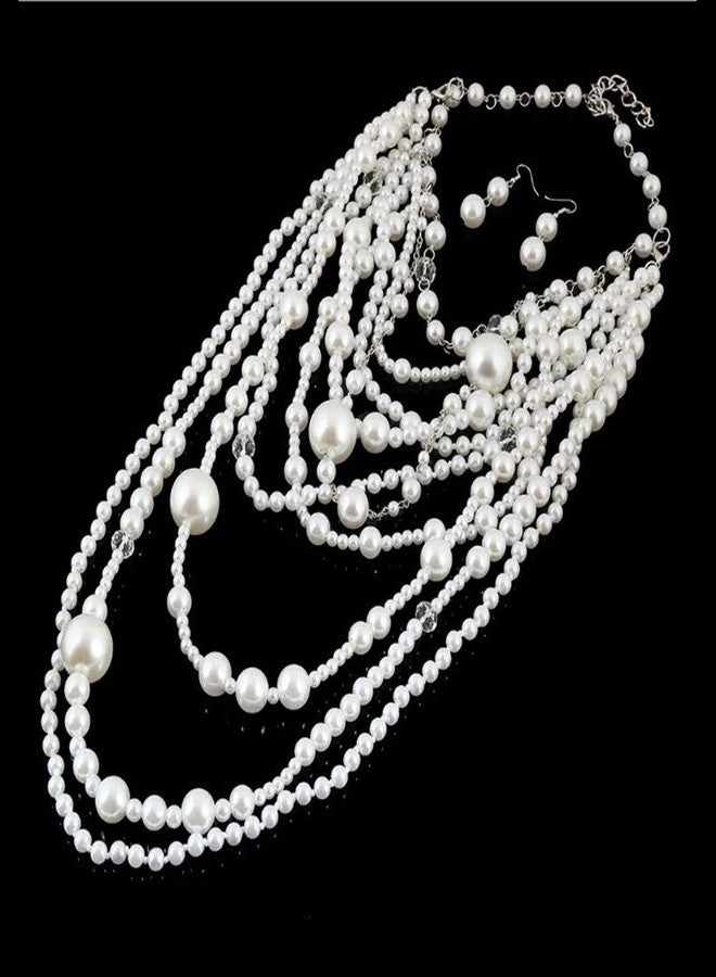 جريس جون قلادة طويلة من سلسلة متعددة الطبقات من اللؤلؤ الصناعي من GRACE JUN (قلادة فضية بيضاء + أقراط مثقوبة) - Image 2