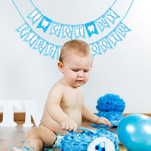 Wobbox I Got My 1st Tooth Check Pattern Bunting Banner, Blue Colour Stylish Font, First Tooth Decoration, Happy Birthday Decoration - Image 5