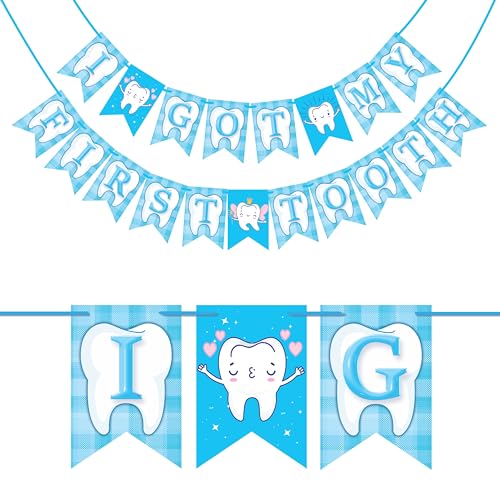Wobbox I Got My 1st Tooth Check Pattern Bunting Banner, Blue Colour Stylish Font, First Tooth Decoration, Happy Birthday Decoration - Image 1