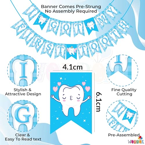 Wobbox I Got My 1st Tooth Check Pattern Bunting Banner, Blue Colour Stylish Font, First Tooth Decoration, Happy Birthday Decoration - Image 2