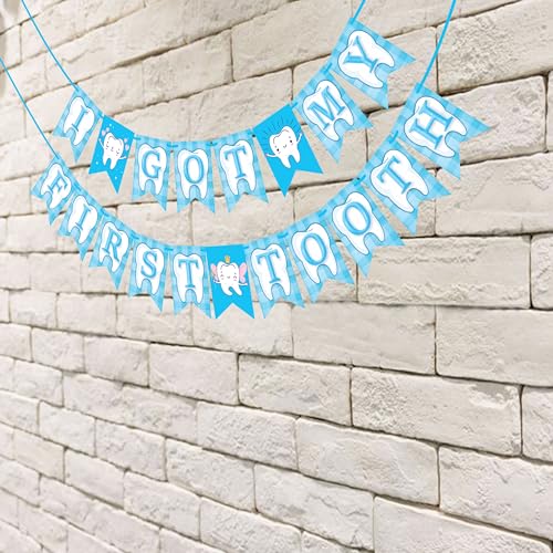 Wobbox I Got My 1st Tooth Check Pattern Bunting Banner, Blue Colour Stylish Font, First Tooth Decoration, Happy Birthday Decoration - Image 4