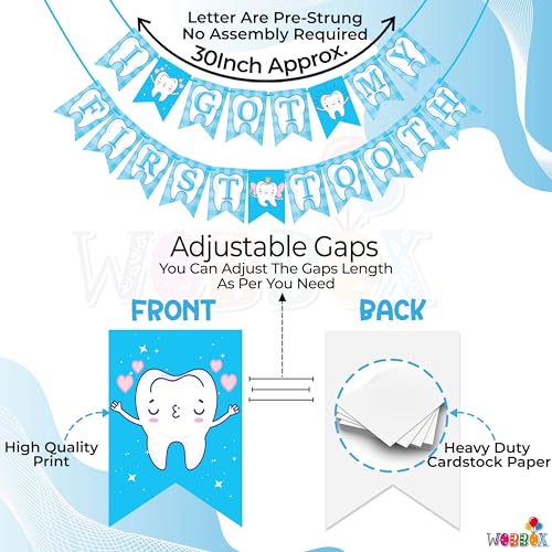 Wobbox I Got My 1st Tooth Check Pattern Bunting Banner, Blue Colour Stylish Font, First Tooth Decoration, Happy Birthday Decoration - Image 3