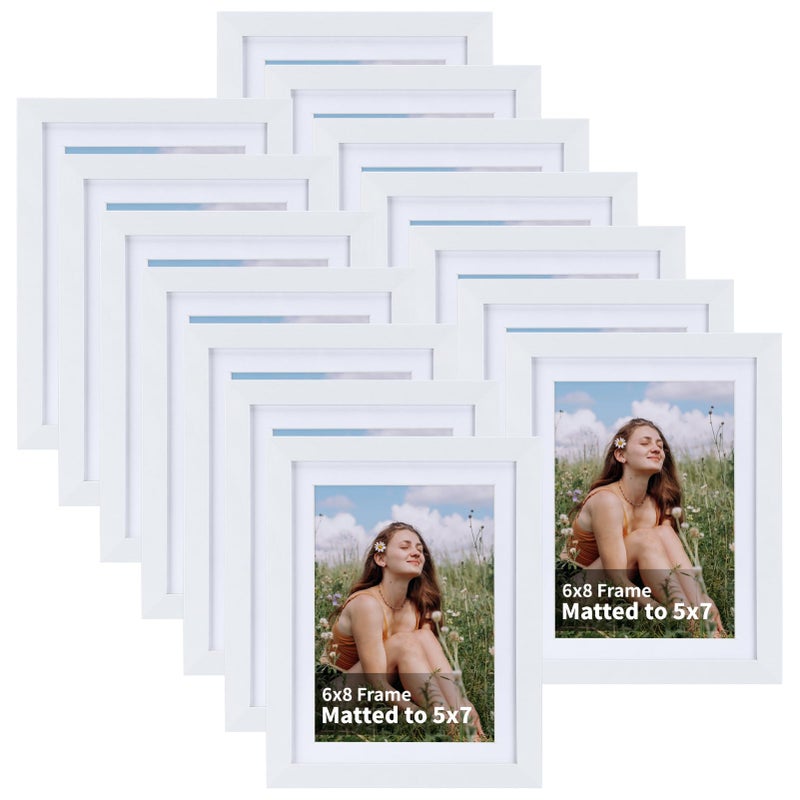 EYMPEU 5x7 Picture Frames with Mat White Wood Set of 15 Display 5 by 7 Photos with Mat or 6x8 Photos without Mat Multi Matted Frames Bulk for Wall Table Top