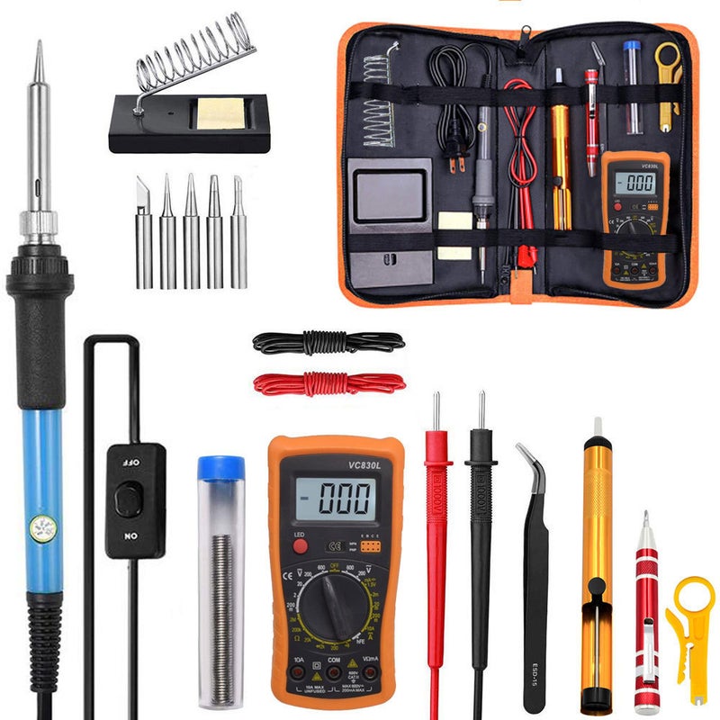 60W Temperature Control Soldering Iron 19-in-1 Multimeter Kit Blue European gauge 19-piece set 