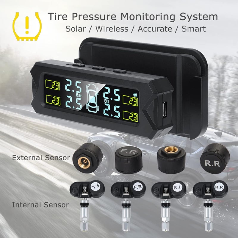 Eacam Tire Pressure Monitoring System - Wireless Solar Power TPMS with 5 Alarm Modes, Auto Backlight LCD Display, 4 Sensors Real-time Display Temperature Pressure - Image 4
