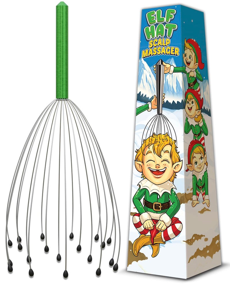 Scalp Massager in Christmas Gift Box Mens Stocking Stuffers for Adults 2024 Secret Santa White Elephant Gift Ideas Elf Hat Theme 20 Prong Head Scratcher Women Teens Him Her Girls Boy