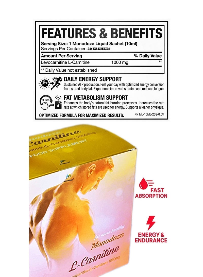 Monodoze L-Carnitine 1000mg Liquid Sachets Buy 1 Get 1 Free | 60 Ready-to-Drink Sachets | Fat Metabolism & Energy Support | Sugar Free | Pineapple Flavor - Image 5