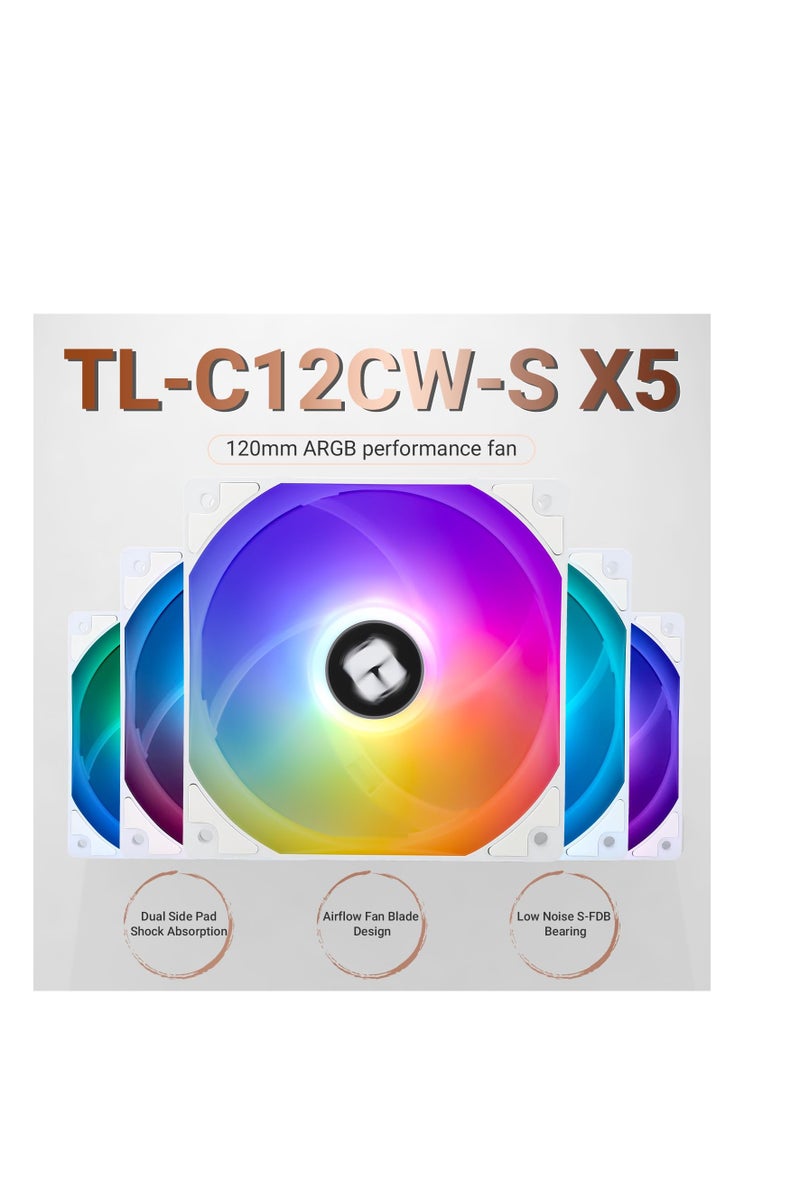 Thermalright 5 Pack TL-C12CW-S CPU Fan 120mm White ARGB Case Cooler Fan, 4pin PWM Silent Computer Fan with S-FDB Bearing Included, up to 1550RPM Cooling Fan（5 Quantities） - Image 4
