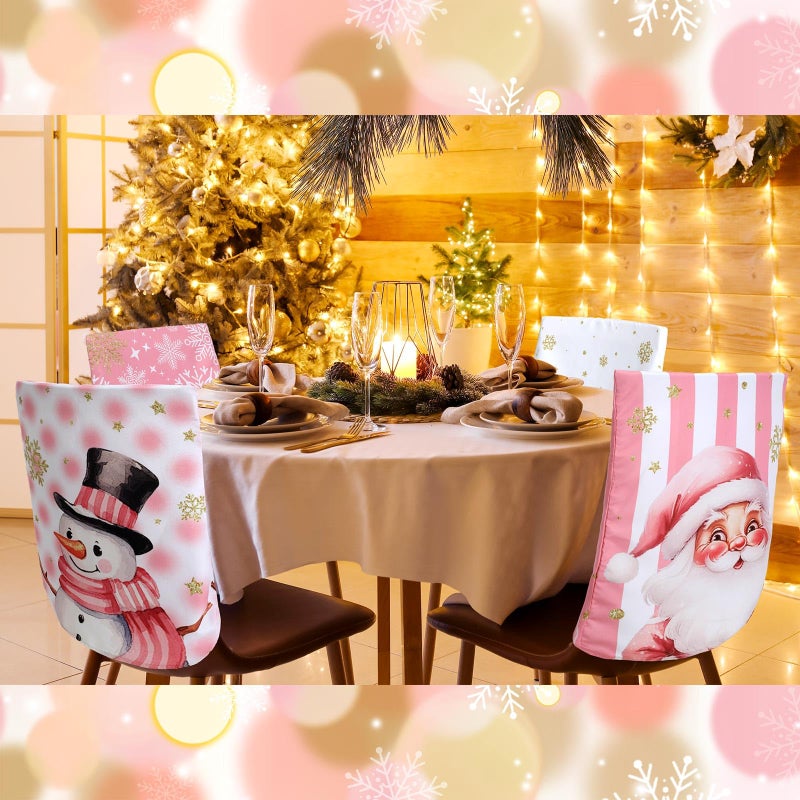FuWeave 6 Pcs Pink Christmas Snowman Chair Covers Chair Back Covers Xmas Chair Protector Slipcovers Washable Winter Dining Room Seat Covers for Home Hotel Kitchen Decorations - Image 5