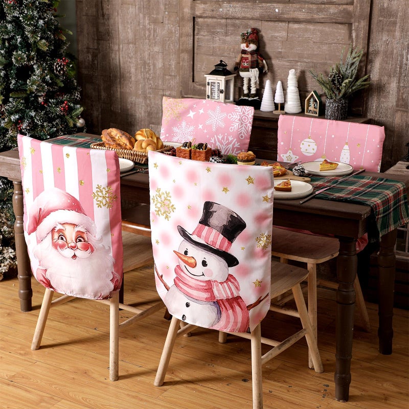 FuWeave 6 Pcs Pink Christmas Snowman Chair Covers Chair Back Covers Xmas Chair Protector Slipcovers Washable Winter Dining Room Seat Covers for Home Hotel Kitchen Decorations - Image 2