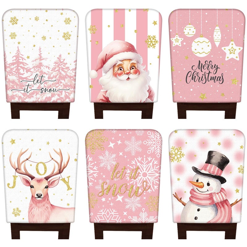 FuWeave 6 Pcs Pink Christmas Snowman Chair Covers Chair Back Covers Xmas Chair Protector Slipcovers Washable Winter Dining Room Seat Covers for Home Hotel Kitchen Decorations - Image 1
