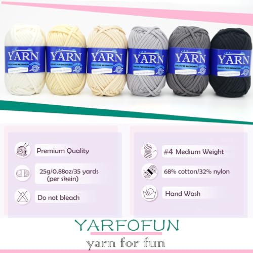 YARFOFUN 6 Pack Beginners Crochet Yarn Black Grey Beige White Cotton Nylon Blend Yarn for Crocheting Knitting with Easy-to-See Stitches - Black White Series - Image 4