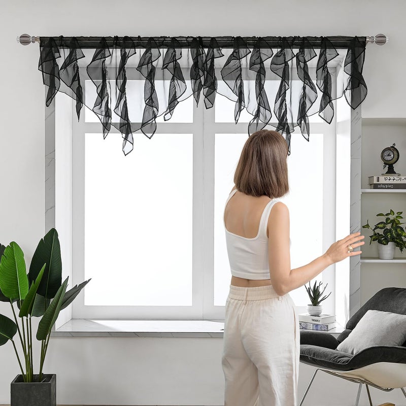 PearAge Ruffled Voile Semi Sheer Curtain Valance, Kitchen Living Room Shabby Chic Ruffle Valance Curtains, Girls Daughters Bedroom Cascade Window Valance 52x26 Inches (Black-Triangle) - Image 2