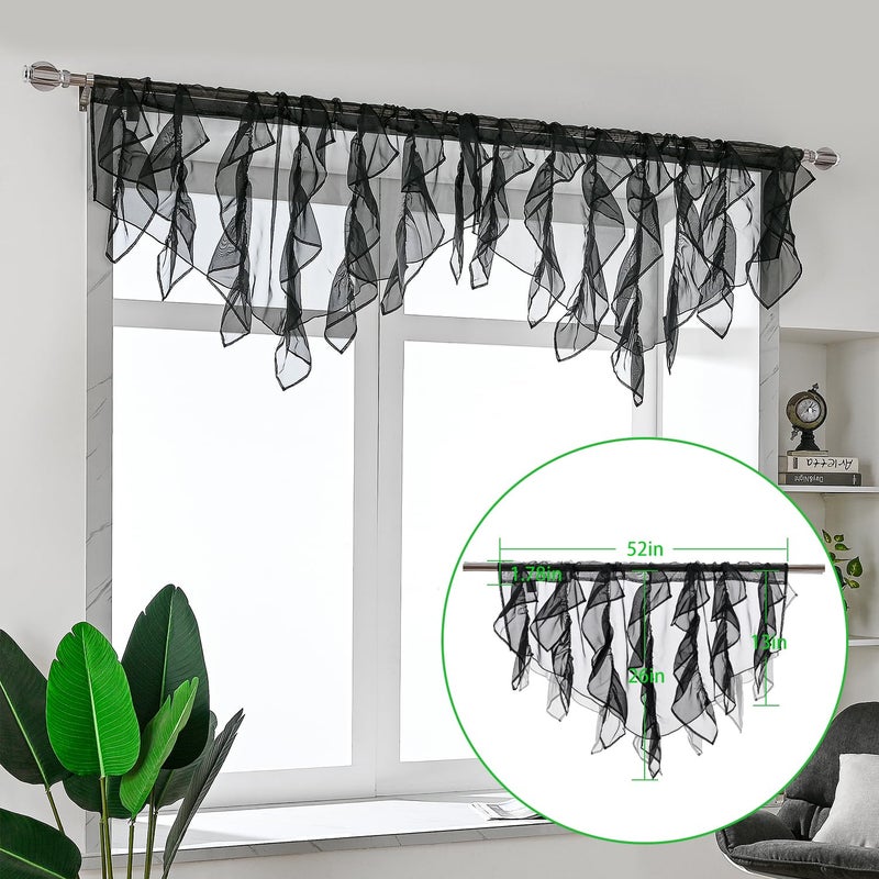 PearAge Ruffled Voile Semi Sheer Curtain Valance, Kitchen Living Room Shabby Chic Ruffle Valance Curtains, Girls Daughters Bedroom Cascade Window Valance 52x26 Inches (Black-Triangle) - Image 5