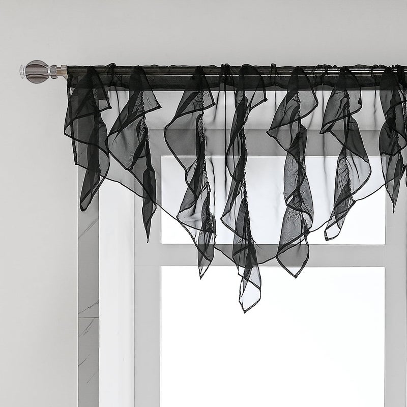 PearAge Ruffled Voile Semi Sheer Curtain Valance, Kitchen Living Room Shabby Chic Ruffle Valance Curtains, Girls Daughters Bedroom Cascade Window Valance 52x26 Inches (Black-Triangle) - Image 1