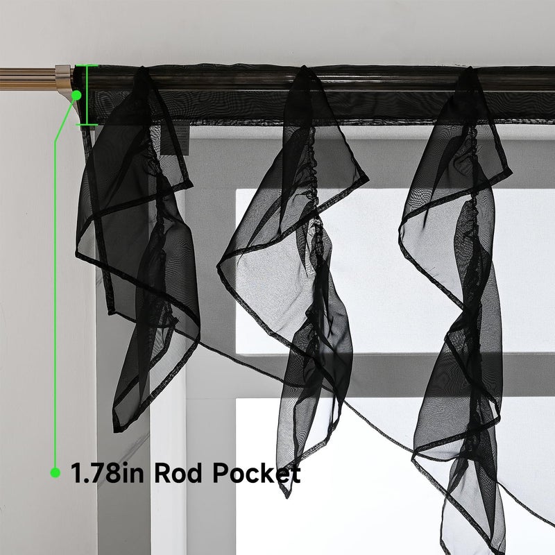 PearAge Ruffled Voile Semi Sheer Curtain Valance, Kitchen Living Room Shabby Chic Ruffle Valance Curtains, Girls Daughters Bedroom Cascade Window Valance 52x26 Inches (Black-Triangle) - Image 4