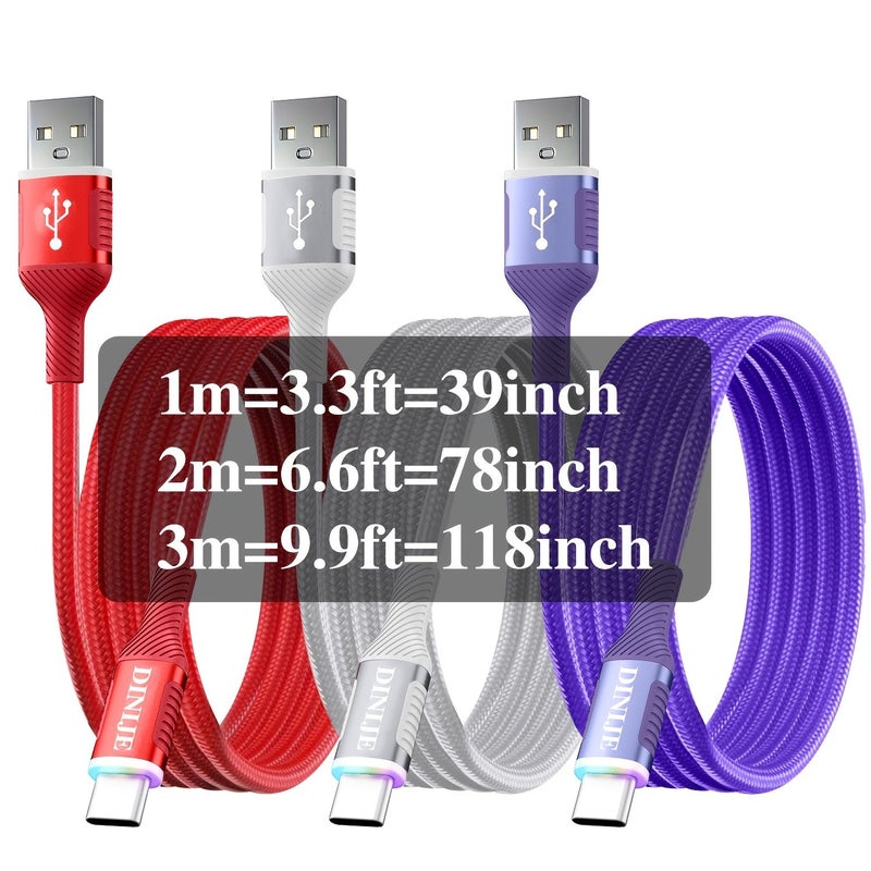 3 قطع كابل USB-C مضفر من النايلون بقوة 30 واط، شحن سريع، ألوان أحمر، أرجواني، فضي، بطول 1 متر - Image 2