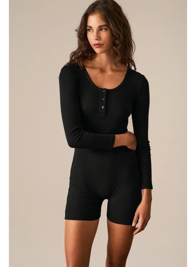 Ethiquet  TOTJUN Women's Soft and Flexible Fabric Cut-out Collared and Buttoned Body-Fitting Short Black Jumpsuit. for Women | Best Price UAE