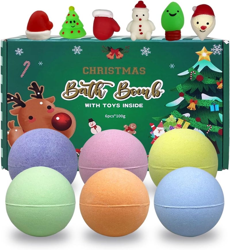 Jofan 6 Pack Christmas Bath Bombs Bubble with Christmas Squishy Toys Inside for Kids Girls Boys Women Christmas Stocking Stuffers Gifts