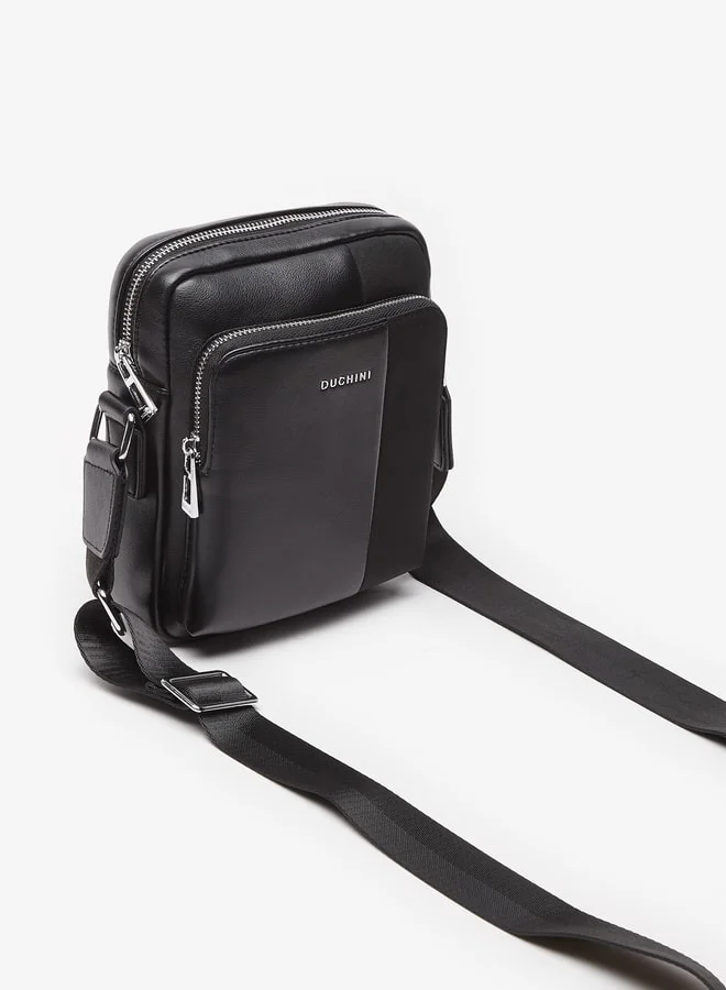 دوتشيني Men's Panelled Crossbody Bag with Adjustable Strap and Zip Closure