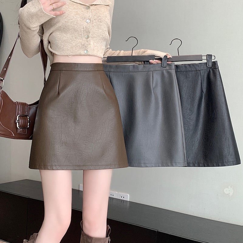 Real S And ~ Pu Washed Leather Skirt High Waist Slimming Look Anti-Exposure A-Line Hip-Covering Leather Skirt - Image 2