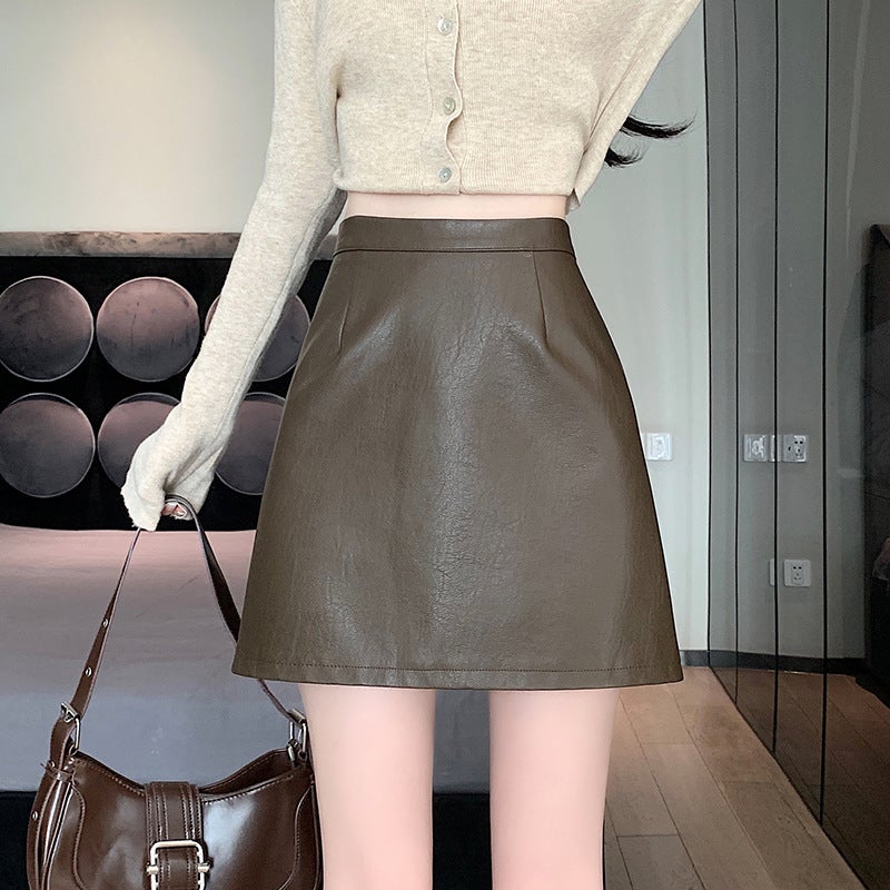 Real S And ~ Pu Washed Leather Skirt High Waist Slimming Look Anti-Exposure A-Line Hip-Covering Leather Skirt - Image 1