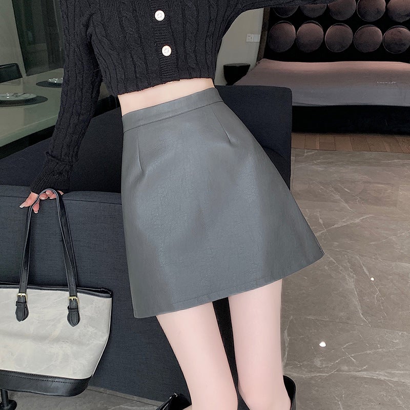 Real S And ~ Pu Washed Leather Skirt High Waist Slimming Look Anti-Exposure A-Line Hip-Covering Leather Skirt - Image 4