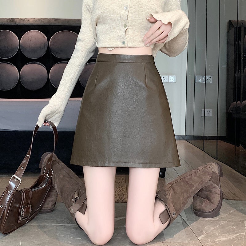 Real S And ~ Pu Washed Leather Skirt High Waist Slimming Look Anti-Exposure A-Line Hip-Covering Leather Skirt - Image 5