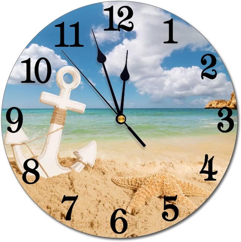 Abucaky Nautical Anchor Starfish Sea Beach Wall Clock Battery Operated Silent Round Clock Wall Decor for Home Office School, 12 Inch - Image 1