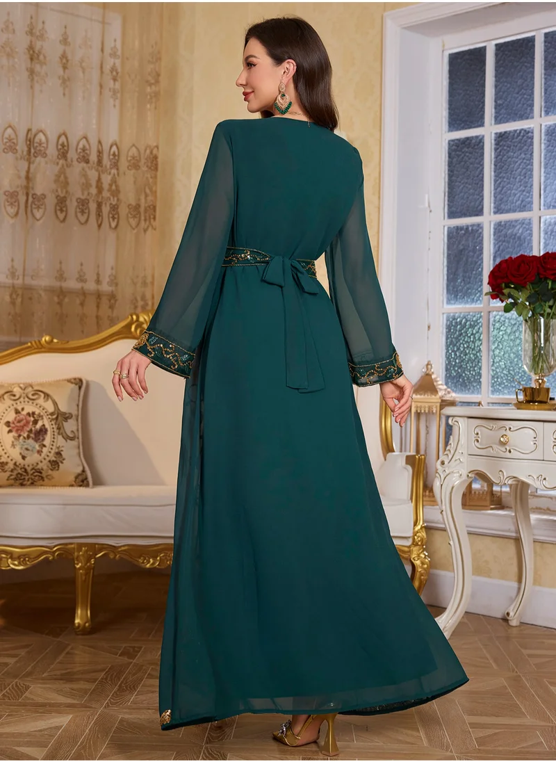 Madam Uniq Moroccan Kaftan Abaya Golden Lace Dress Embroidered Islamic Ramadan Eid Dress Sequin Dress