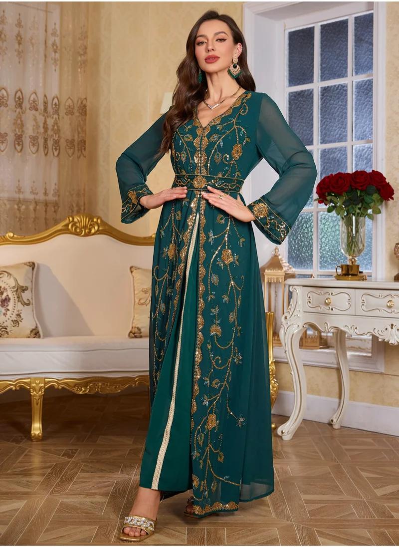 Madam Uniq Moroccan Kaftan Abaya Golden Lace Dress Embroidered Islamic Ramadan Eid Dress Sequin Dress