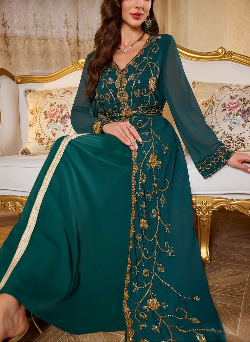 Madam Uniq Moroccan Kaftan Abaya Golden Lace Dress Embroidered Islamic Ramadan Eid Dress Sequin Dress  - Image 5
