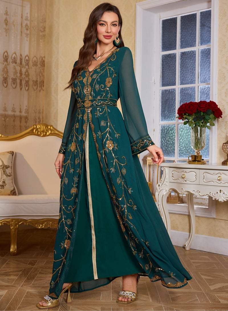 Madam Uniq Moroccan Kaftan Abaya Golden Lace Dress Embroidered Islamic Ramadan Eid Dress Sequin Dress  - Image 4