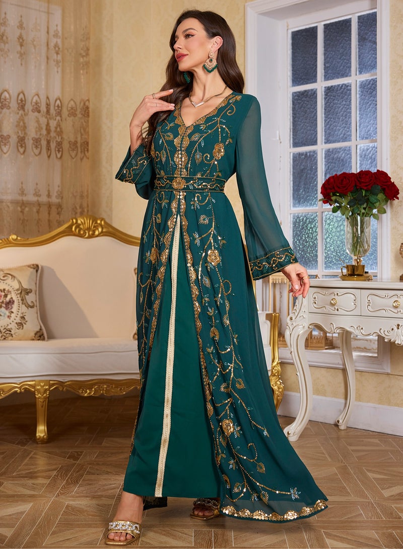 Madam Uniq Moroccan Kaftan Abaya Golden Lace Dress Embroidered Islamic Ramadan Eid Dress Sequin Dress  - Image 3