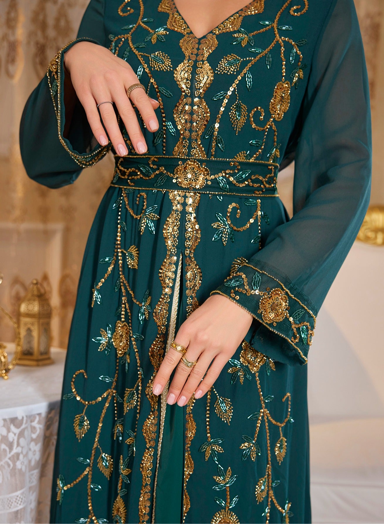 Madam Uniq Moroccan Kaftan Golden Lace Dress Embroidered Islamic