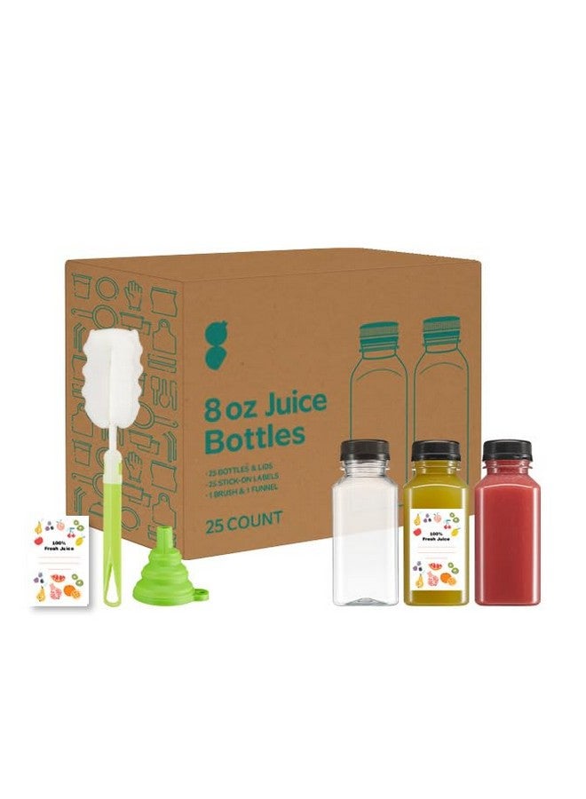 Comfy Package [8 oz. - 25 Count Reusable Plastic Juice Bottles With Caps, Labels, Brush, and Silicone Funnel - Clear plastic Bottles with Caps, Juice Containers with lids, for All Beverages - Image 1